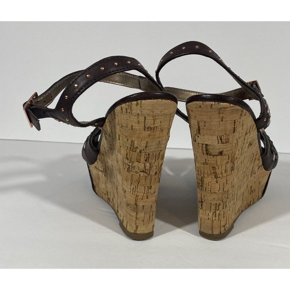 Rue21 Etc Shoes Wedge Open Toe Brown Sandal Wedge Heel Sz 7/8 Ankle Strap Studs - Picture 6 of 10